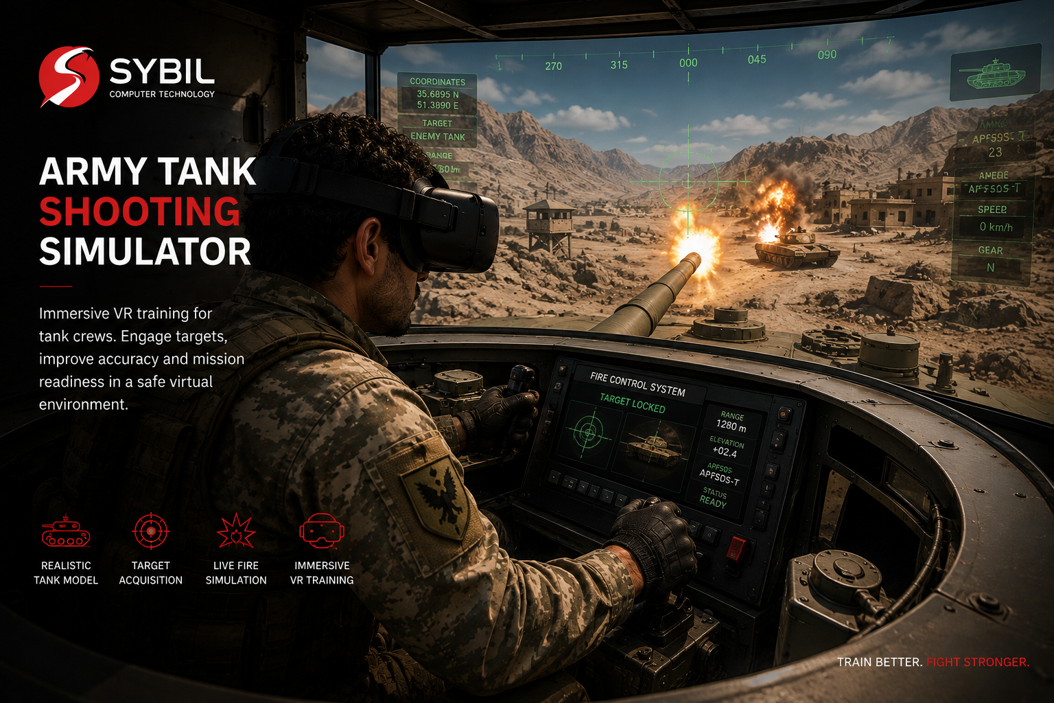 Tank crew member using a VR fire-control and shooting simulator